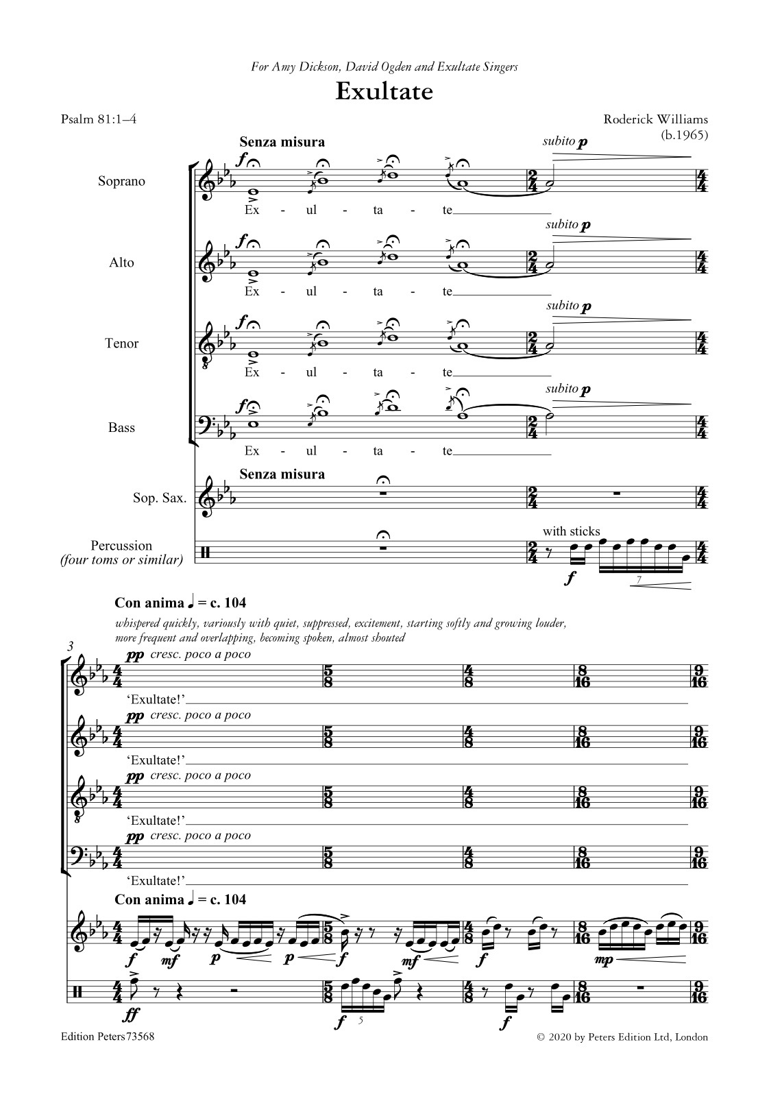 Beispielseite 1 zu Exultate for mixed chorus (SATB) sopransaxophon and drums score (en)