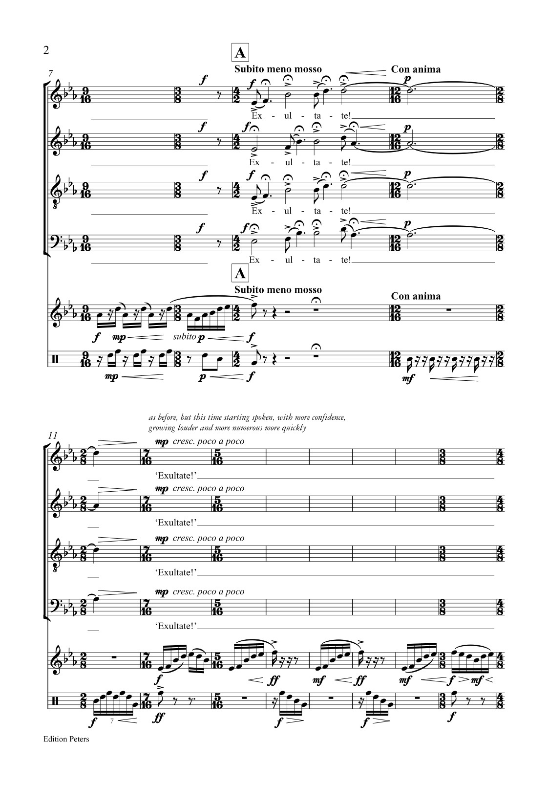 Beispielseite 2 zu Exultate for mixed chorus (SATB) sopransaxophon and drums score (en)