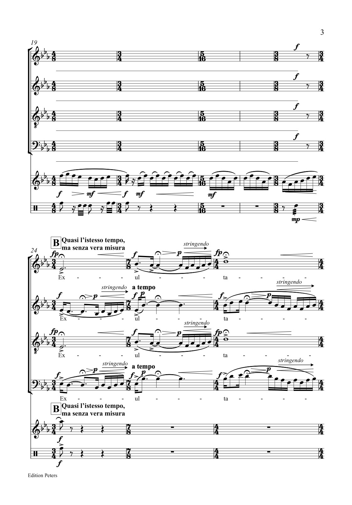 Beispielseite 3 zu Exultate for mixed chorus (SATB) sopransaxophon and drums score (en)