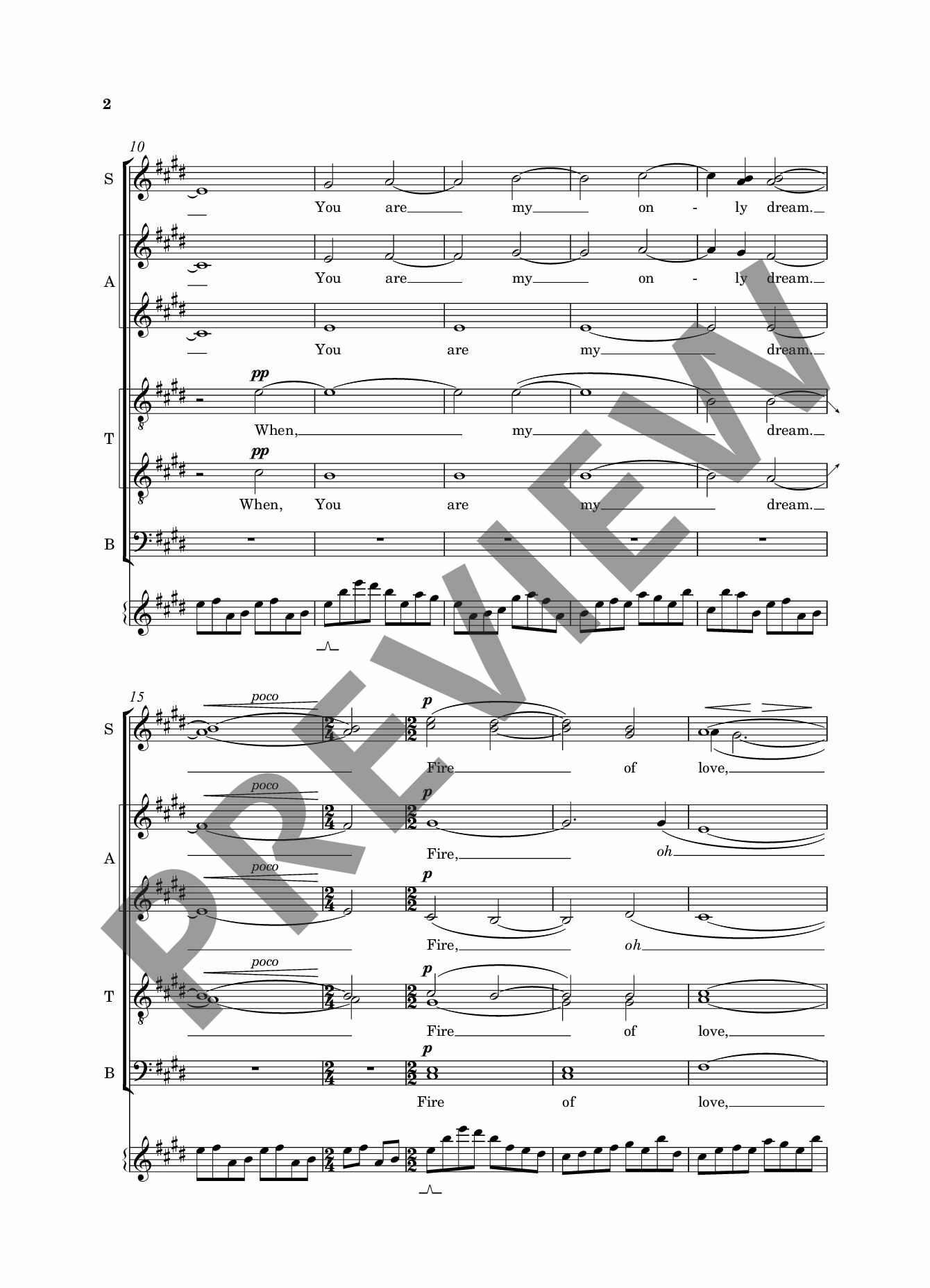 Beispielseite 2 zu Fire of Love for mixed chorus (SSAATTBB) and piano vocal score (en)