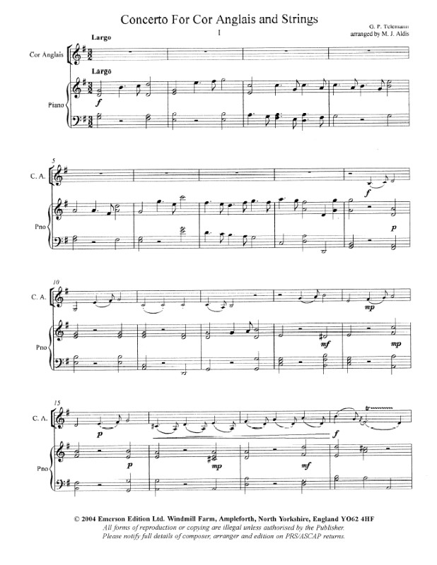 Beispielseite 1 zu Georg Philipp Telemann, Concerto For Cor Anglais [Oboe] and Piano Buch + Einzelstimme