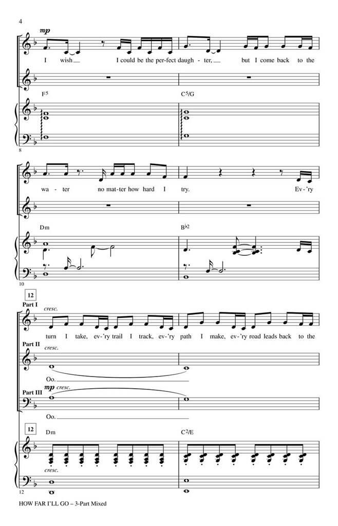Beispielseite 1 zu How Far I'll Go for 3-part choir and piano choral score