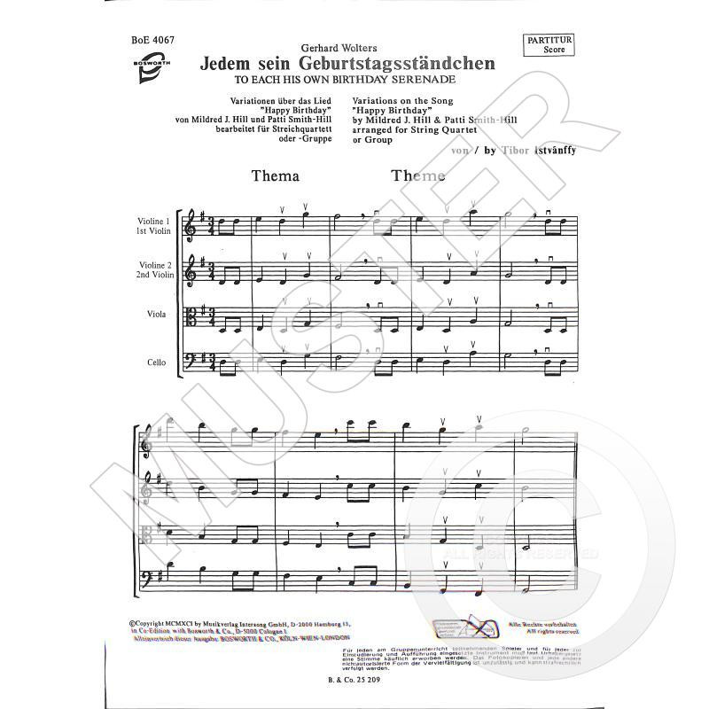 Beispielseite 1 zu Jedem sein Geburtstagsst�ndchen Varationen �ber das Lied Happy Birthday f�r Streicher Partitur und Stimmen