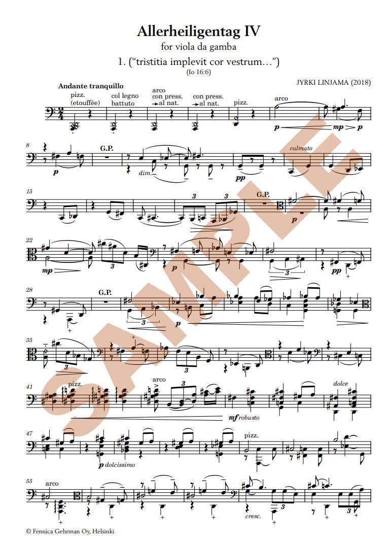 Beispielseite 1 zu Jyrki Linjama, Allerheiligentag IV f�r Viola da gamba Viola da Gamba Buch