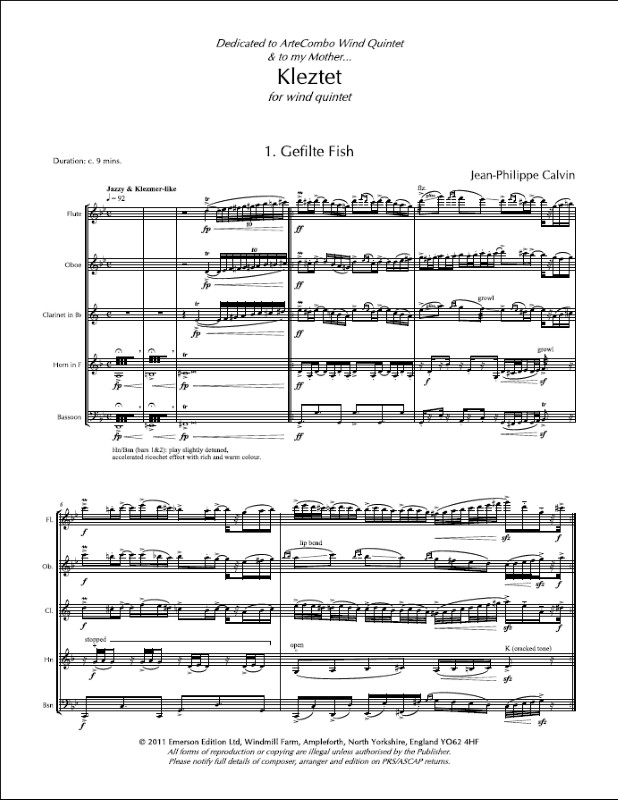 Beispielseite 1 zu Kleztet for flute, oboe, clarinet, horn in F and bassoon score and parts
