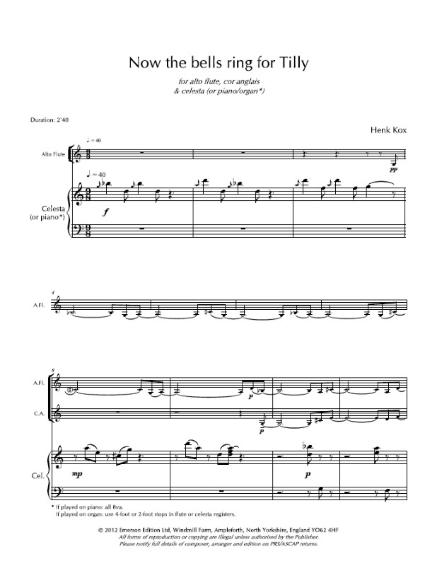 Beispielseite 1 zu Now the Bells ring for Tilly for alto flute, cor anglais and celesta (piano/organ) score and parts