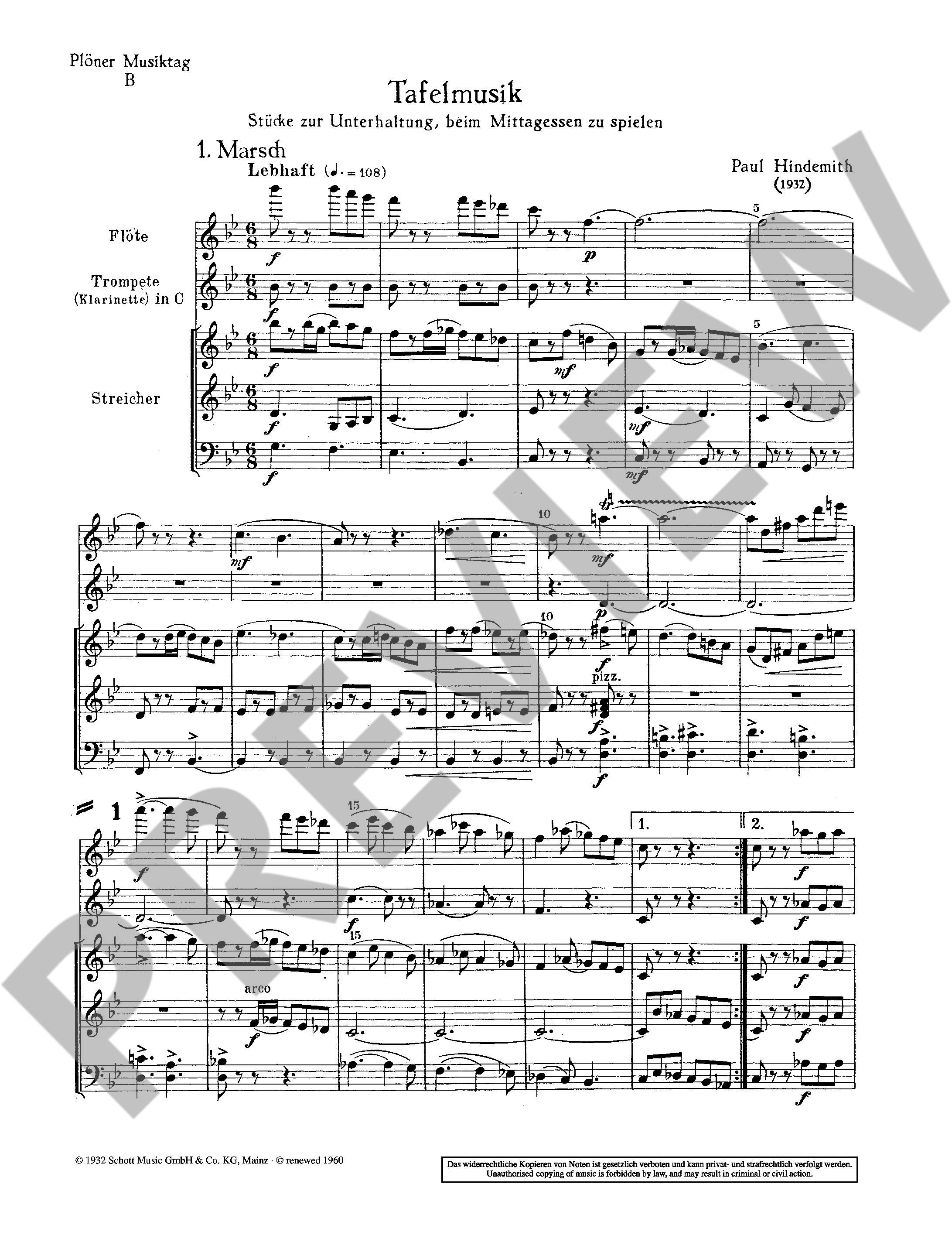 Beispielseite 1 zu Pl�ner Musiktag B Tafelmusik f�r Fl�te, Trompete und Streicher Partitur