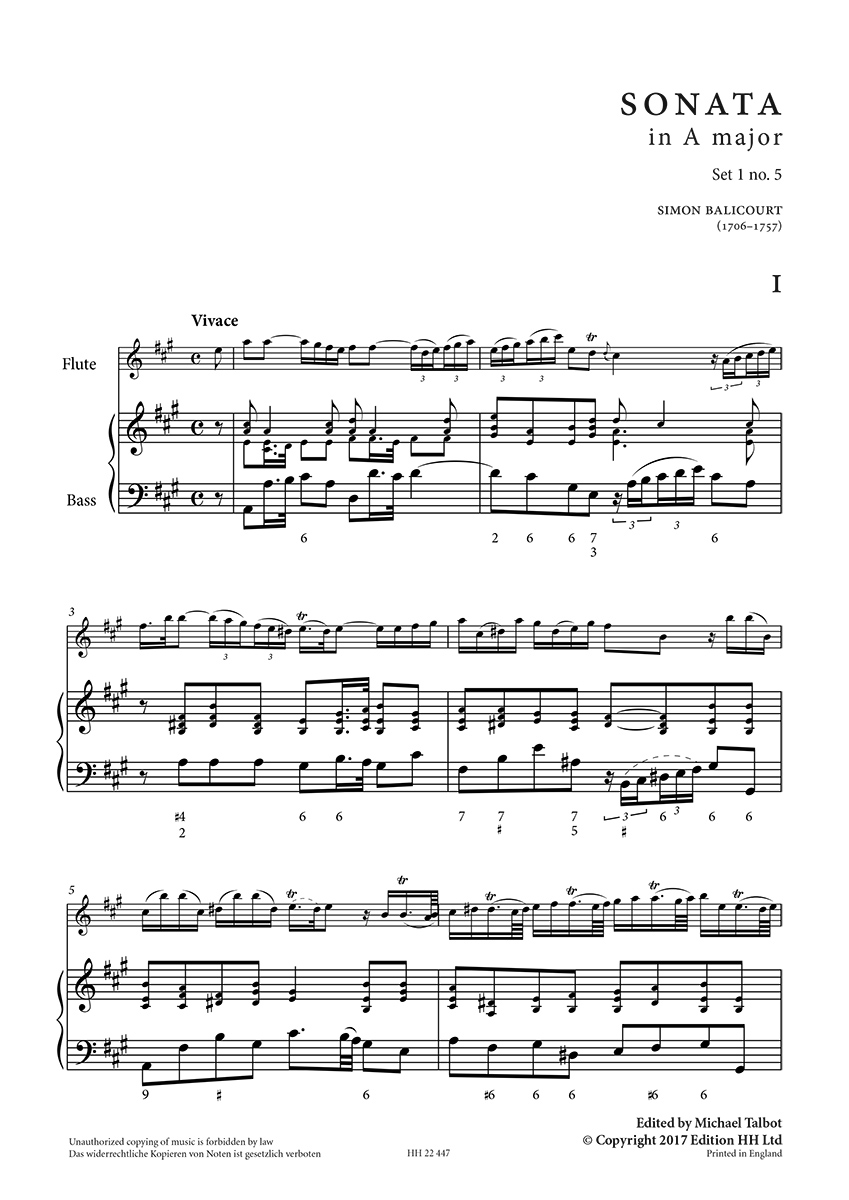Beispielseite 1 zu Sonata in A major and G minor flute & basso continuo Full score and parts