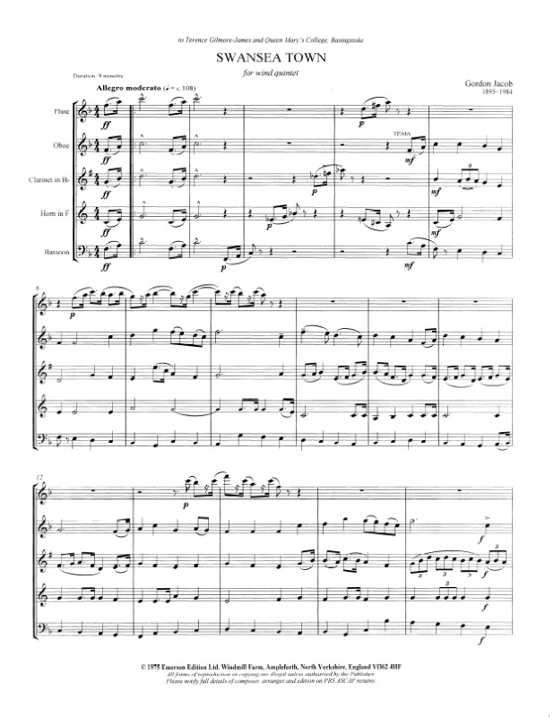 Beispielseite 1 zu Swansea Town for flute, oboe, clarinet, horn and bassoon score and parts