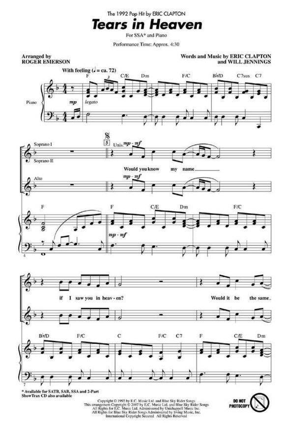 Beispielseite 1 zu Tears in Heaven for female Chorus and piano score