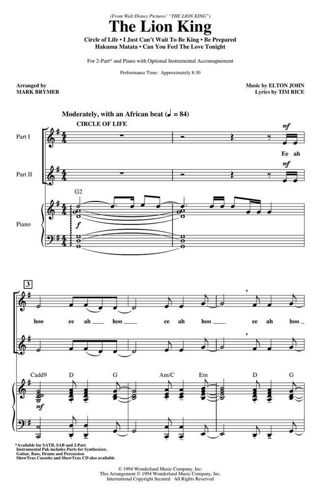 Beispielseite 1 zu The Lion King for 2-part chorus and instruments vocal score