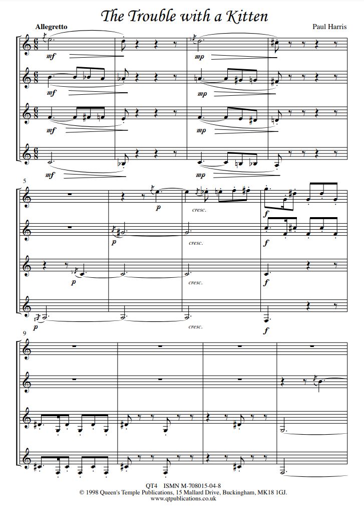 Beispielseite 1 zu The Trouble with a Kitten for narrator and 4 clarinets score and parts