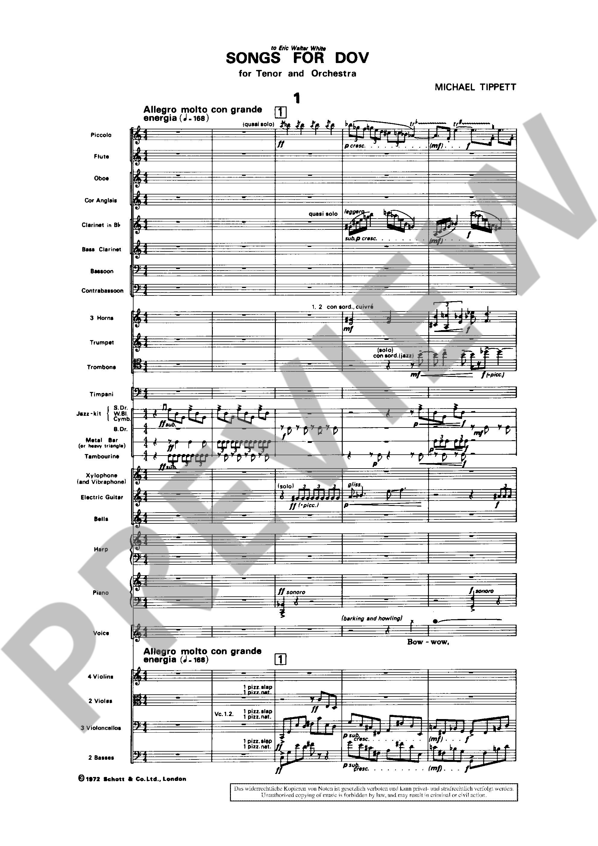 Beispielseite 1 zu Tippett, Sir Michael Songs for Dov f�r Tenor und Orchester Studienpartitur
