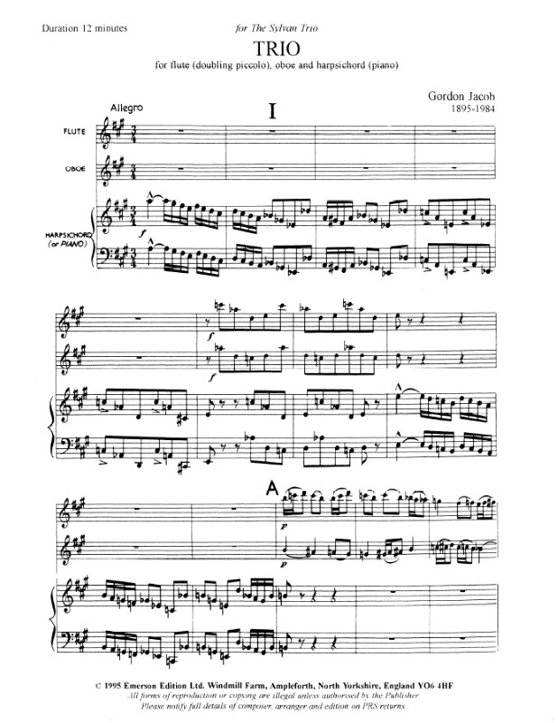 Beispielseite 1 zu Trio for flute, oboe and harpsichord (piano) score and parts