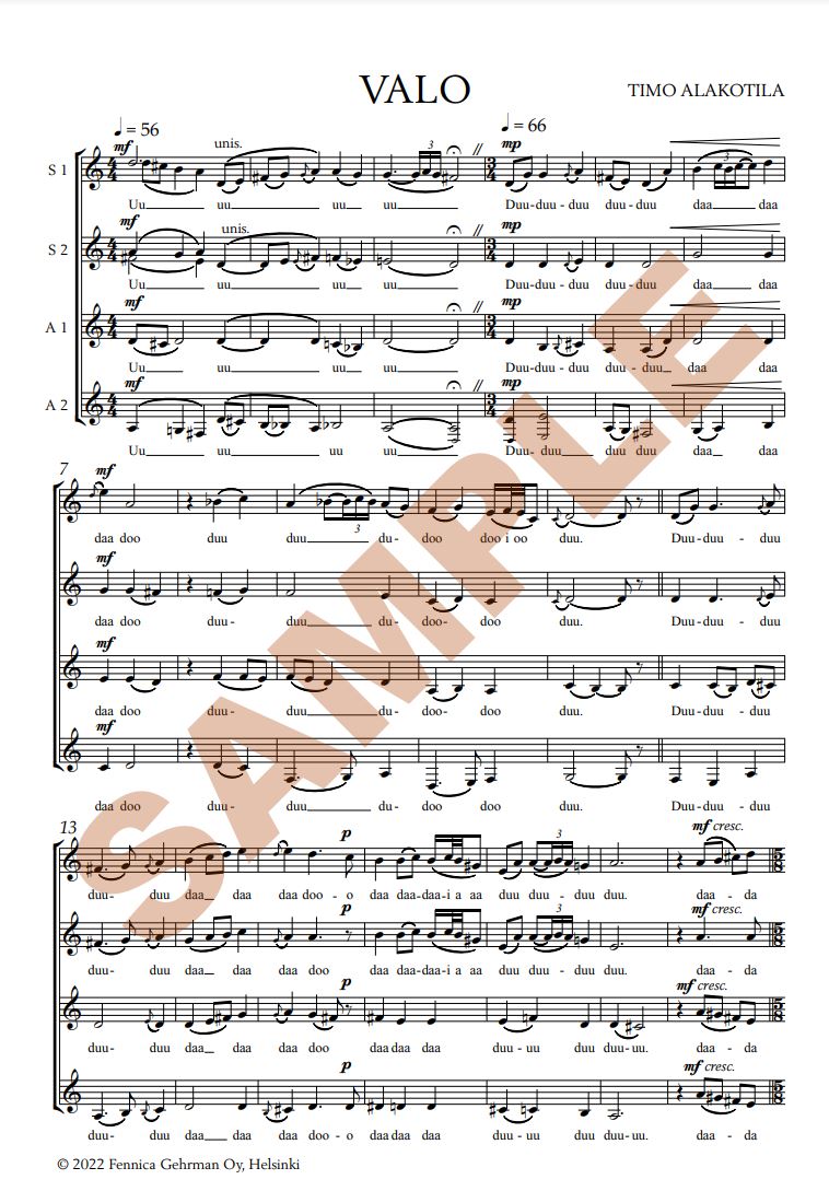 Beispielseite 1 zu Valo for descant choir Women's Choir Choral Score
