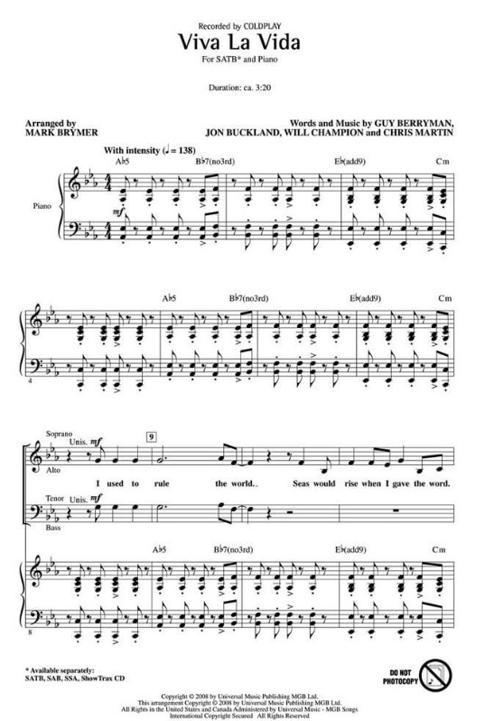 Beispielseite 1 zu Viva la vida for mixed chorus (SATB) and piano choral score