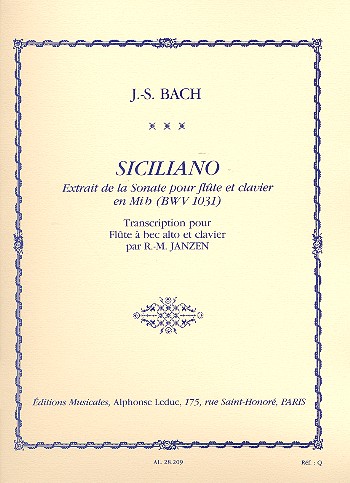 Siciliano pour flute a bec alto et clavier extrait de la sonate mib majeur BWV1031