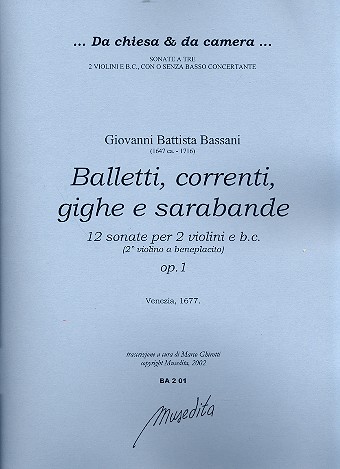 Balletti, correnti, gighe e sarabande op.1 per 2 violini e Bc partitura